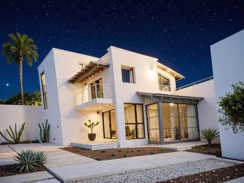 PHOTOGRAPH TAKEN WITH A KODAK CAMERA, WITH A 35MM LENS of a modern two-story house at night, showcasing a contemporary design with a combination of white and beige colors. the house has a large balcon