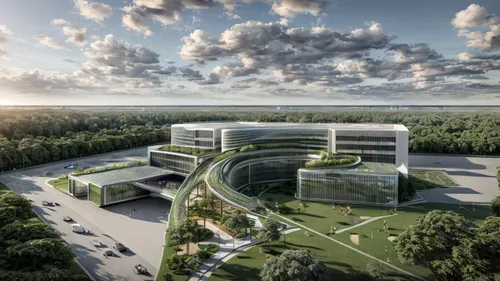 office building head quarter, modern architecture, green slope, cladding parametric design , green trees, urban landscape design, ,biotechnology research institute,autostadt wolfsburg,solar cell base,