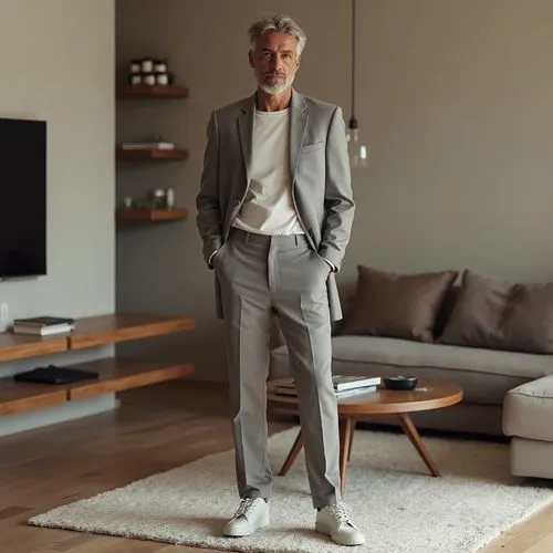 a man in a gray suit is standing by the couch,bocelli,kocaman,clooney,parnevik,soleimani,men's suit,zegna,mourinho,suleimani,frangieh,parviz,gianni,stylianidis,benzarti,cerovic,gerets,a black man on a
