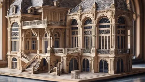 intricate architectural model, miniature scale, DIY kit, various materials, wood, plastic, metal, paper, delicate details, ornate facade, grand entrance, symmetrical composition, beautiful textures, i