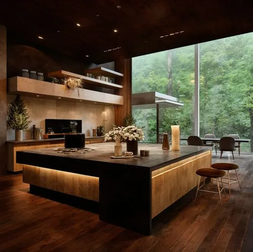 A modern kitchen nestled in a forest setting. The design features a black marble kitchen island, dark wooden floors, and open shelving against a stone wall. Large windows frame the lush, green forest 