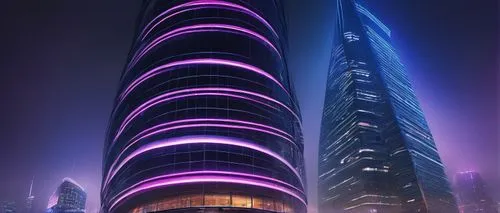 PCC architecture, futuristic building, sleek metallic structure, curved lines, LED lights, towering skyscraper, cityscape, metropolitan area, night scene, neon lights reflecting off glass surfaces, at