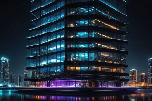 Modern black architecture, futuristic building design, sleek lines, metallic materials, glass facade, geometric shapes, cityscape background, nighttime scene, neon lights reflecting off water, skyscra