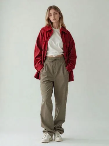 Change to a red coat,a woman wearing khaki pants, white top and jacket standing up,trousers,khakis,pants,beanpole,sweatpants,trouser,anorak,corduroy,culottes,sweatsuit,fatigues,woman in menswear,mensw