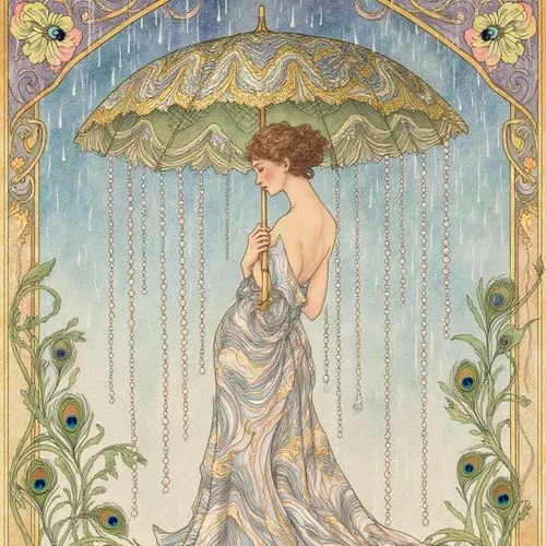 An elegant Art Nouveau painting inspired by the theme of protection in a rainstorm. A graceful female figure is enveloped in a flowing, ornate gown with swirling wave patterns. She holds a large, styl