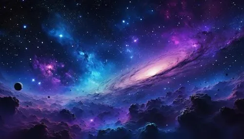 Cosmic starfield, galaxy background, millions of stars twinkling, nebulae clouds, dark blues and purples, grainy texture, soft glow, celestial bodies, astronomy theme, mysterious atmosphere, wide-angl