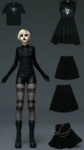 Witch Paper doll witch blonde haired goth girl in black sleeveless shirt , black spandex shorts, complete full length fishnet and black goth knee Boots, standing surrounded by with a set of goth fashi