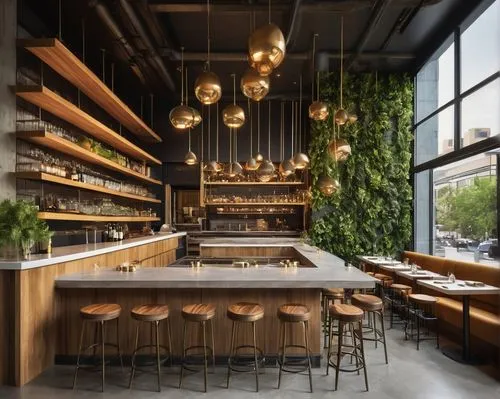 Modern restaurant, sleek glass façade, metallic structure, minimalist design, large windows, natural light, urban cityscape, bustling street scene, evening ambiance, warm golden lighting, wooden accen