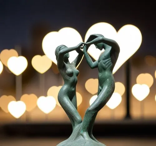 a sculpture representing a man and a woman leaning back to back to form a heart shape,a bronze sculpture of two figures facing each other with lights behind them,dancing couple,statuettes,entwined,wir