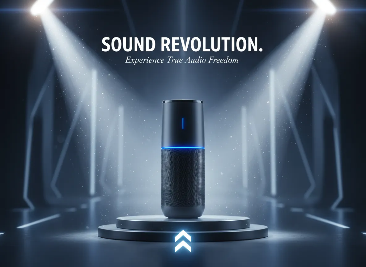 Un poster pubblicitario di un prodotto in cui l'illuminazione volumetrica è usata per creare un punto focale sul prodotto, con fasci di luce che puntano verso di esso per guidare lo sguardo dello spettatore.