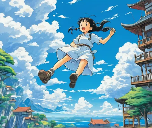 White clouds in the blue sky. A woman who works with a PC in a Ghibli-like world,flying girl,studio ghibli,little girl in wind,flying seed,sky,shirakami-sanchi,flying noodles,flying heart,flying,flyin