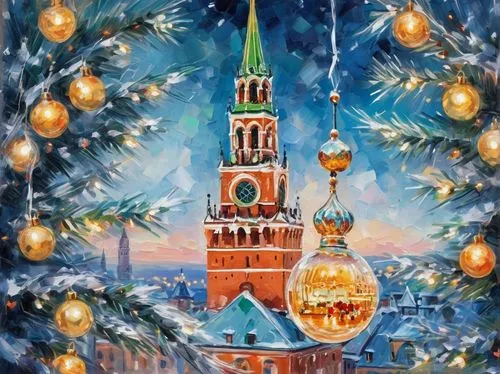 The Spasskaya Tower in a transparent ball that hangs on a Christmas tree decorated with glowing garlands,a large painting of a building with a clock tower and christmas decorations,watercolor christma