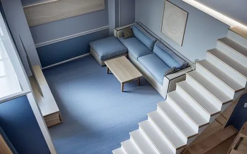 a staircase with three blue couches and a table,hallway space,stairwell,search interior solutions,backstairs,outside staircase,prefab