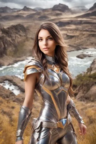 девушка супергерой на фоне фантастического пейзажа,a beautiful lady in costume standing next to some mountains,female warrior,warrior woman,fantasy woman,breastplates,paladin,fantasy warrior,shepherde