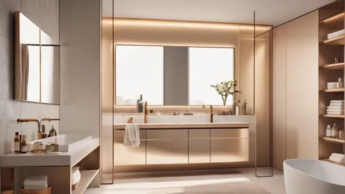 In a minimalist American-style bathroom, there is a mirrored cabinet above the sink. The camera zooms in, capturing the product photography. The overall color scheme is soft and bright champagne, repr