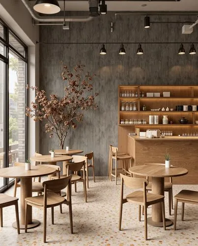An industrial-style café with brown walls, warm lighting, minimalist furniture, and a natural ambiance created by dried flowers and clean terrazzo flooring.,a very clean looking restaurant with wood c