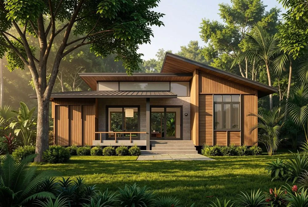 this is a 3d rendering of a house in the woods