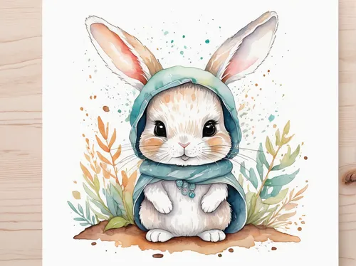 an illustration shows a super cute rabbit in wood, in the style of watercolored cartoon, boho, white background,,little rabbit,little bunny,peter rabbit,watercolor baby items,wood rabbit,rainbow rabbi