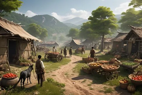  Game Scene, Wild angle view,alpine village,mountain village,townsfolk,alpine pastures,riftwar,mountain settlement,village life,korean folk village,homesteaders,urnov,marketplace,elves country,nomads,