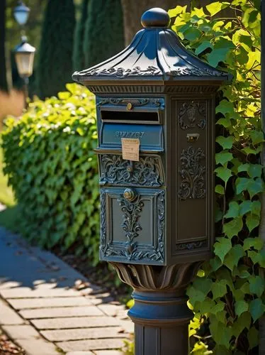 Rustic, vintage, architectural mailbox, ornate details, intricate carvings, old-fashioned door, bronze handle, mail slot, package compartment, weathered wood, distressed finish, surrounded by vines, f