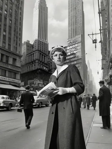 A wider black-and-white view of a bustling city street in mid-20th century Manhattan, filled with dynamic energy. The woman stands at the forefront, poised and elegant, as pedestrians in vintage attir