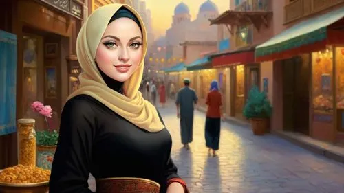 Romantic masterpiece oil painting, cute girl portrait, nostalgic 1950's style kitsch, breathtaking beautiful landscape, majestic scenery, Middle Eastern bazaar, Arabian marketplace, highly detailed, h