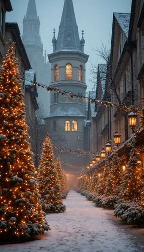 Explore how distinct architectural styles can be fused with Christmas elements to celebrate diversity and global traditions,christmas trees and snow covered lights line a street in an old european cit