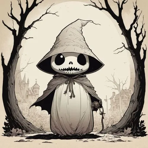 A boo.,a skeleton dressed in a witches hat stands by some trees,hollows,hermit,forest mushroom,the witch,mushroom hat,witch's hat,witch's hat icon,hallows,toadstool,crone,witch hat,gnomish,pygmy,witch