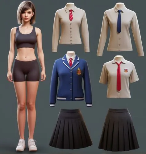 Paper doll British 16 year old schoolgirl in black sleeveless shirt ,black tight fit spandex shorts with black sock and black shoe standing surrounded by with a set of british school uniform, shirt, g