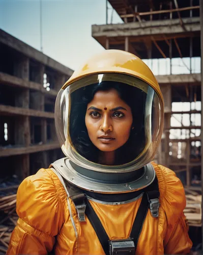 john woo style Cinematic closeup, Indian Woman architect wearing spacesuit gazing at the camera holding a set square, fantastic llighting, back light projector, orange and yellow, construction site sc