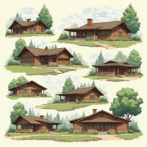 An architectural sheet showing different perspectives of a two-level cabin, the architecture of this house will be country-style, the materials for its walls and structure will be wood and its roofs w