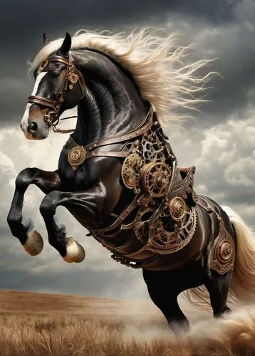 majestic black horse, white mane, powerful muscles, shiny coat, elegant posture, galloping, freedom, open fields, cloudy sky, warm sunlight, detailed fur texture, realistic rendering, cinematic compos