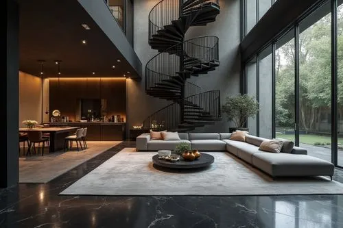 Italian Modern interior design in the style of aesthetics, Poliform Furniture style，Premium and Luxury， Exquisite, modern， large windows， The living room is adorned with elegant sofa sets, Large space