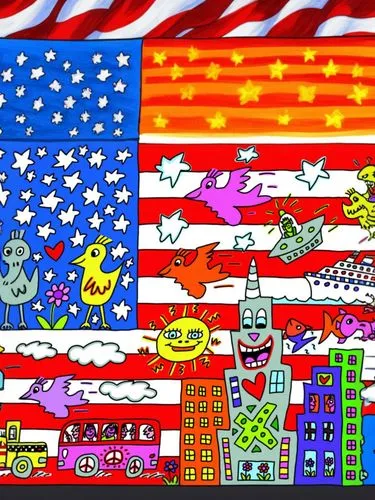 the american flag is shown with birds and a building,cartoon video game background,united states of america,crayon background,youtube background,united state,britto