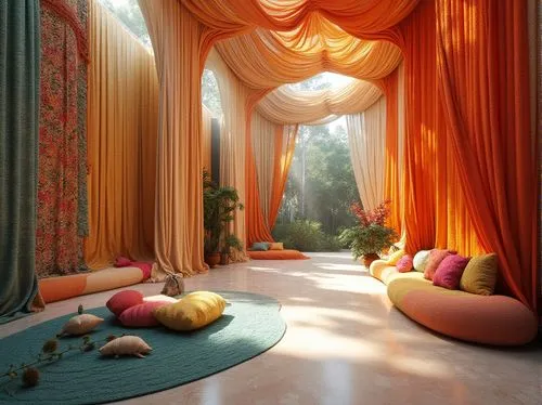 Vibrant textile installations, intricate patterned fabrics, colorful woven fibers, undulating fabric walls, soft furnishing elements, natural fiber materials, earthy tone color palette, sustainable de