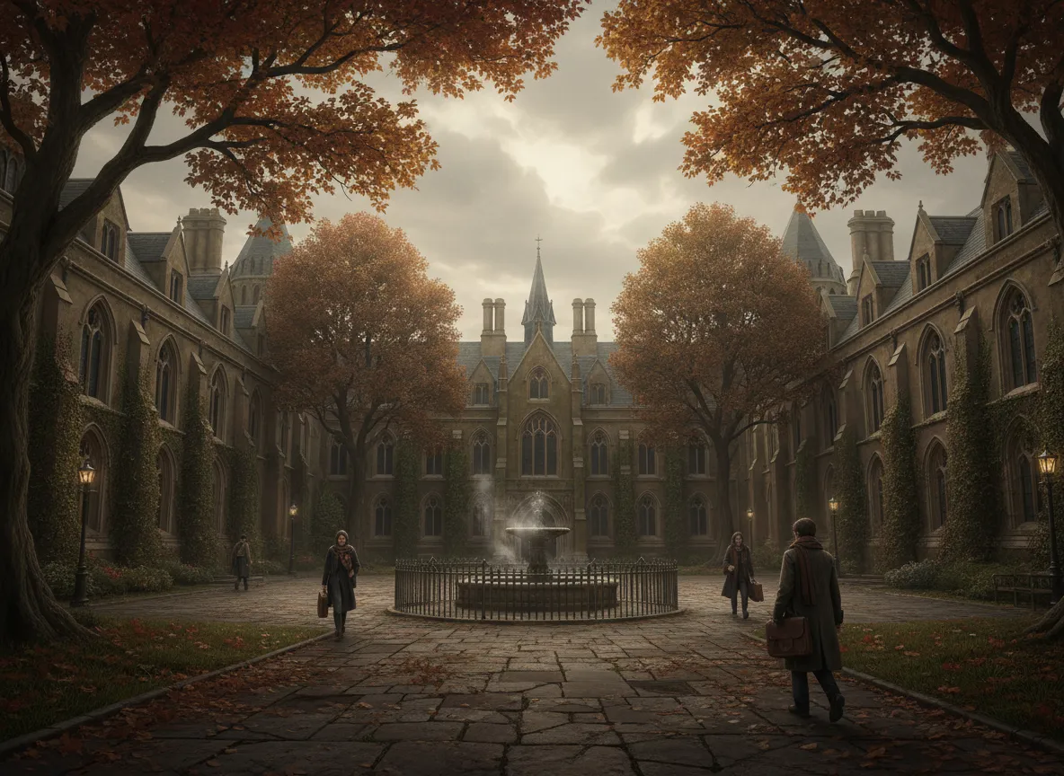 Arte generata dall'AI di un cortile di un vecchio campus universitario in stile Dark Academia, con edifici in pietra e alberi autunnali.