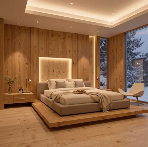 A serene bedroom with warm wood paneling and modern recessed lighting. The bed sits on a raised wooden platform, accompanied by minimalist nightstands. Large windows showcase a snow-covered landscape,