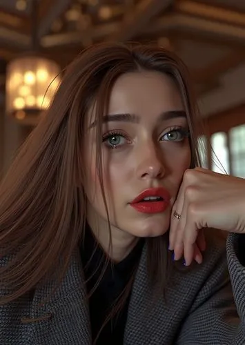 a stunning anime portrait of a beautiful young woman, 22 years old, with long brown hair, blue eyes, and red lips, wearing a gray jacket. She is seated in a cozy chair in an elegant, warmly lit resta