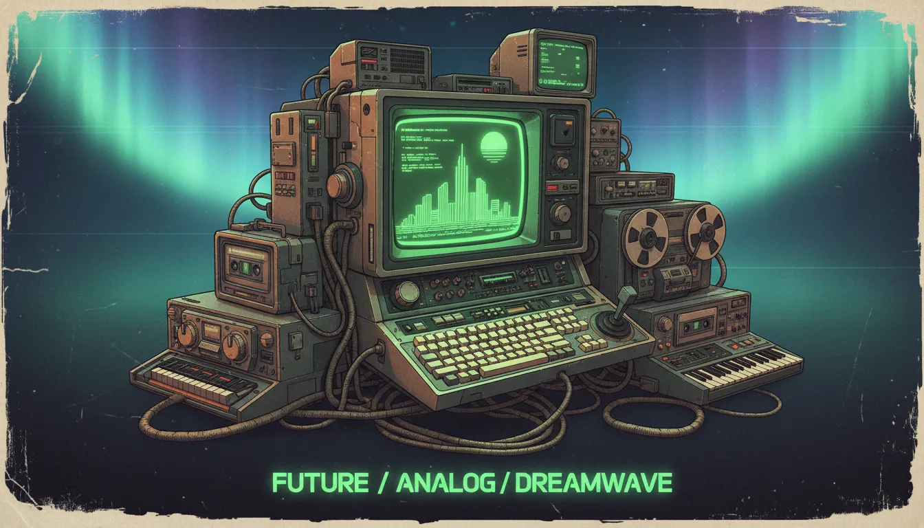 Un poster ad alta fedeltà progettato in stile Cassette Futurism, con un display terminale monocromatico verde brillante ed elementi di tecnologia analogica.