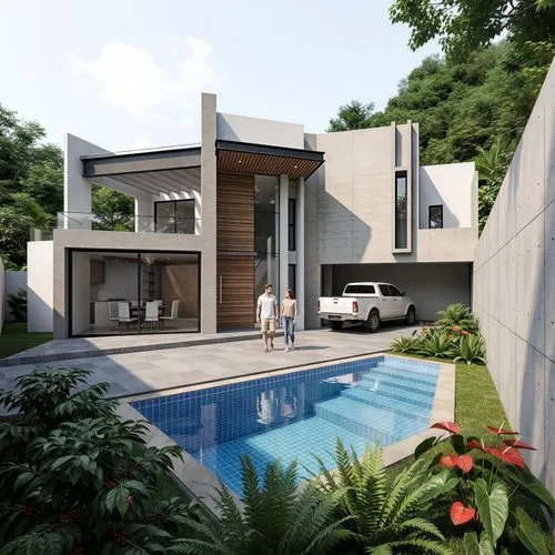 Transform this drawing into a physical reality scene captured through human vision, as if someone were walking and observing a mid-class residential fraction in Fortín de las Flores, Veracruz. The ima