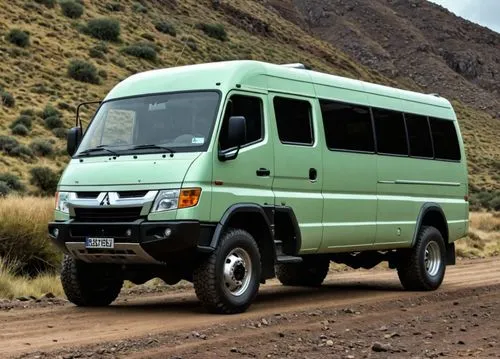 crear una 4x4 camioneta mitsubishi de grandes ruedas por un camino de tierra,a green van is traveling down a dirt road,van,travel van,minibus,the old van,overland,camper van,sprinter,teardrop camper,c