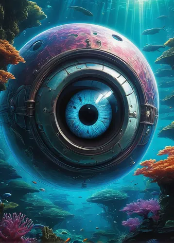 A mesmerizing anime eyeball appears in a dream-like underwater realm.,eye ball,cosmic eye,eye,eyeball,robot eye,abstract eye,big ox eye,all seeing eye,the eyes of god,peacock eye,baku eye,third eye,ey