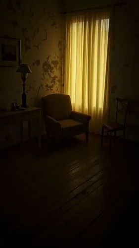A photo-realistic shoot from the side about a dimly lit room with peeling walls and a wooden floor, featuring a table with a lamp on the left side and a chair on the right side. the room has a rustic,