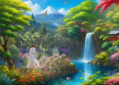 oil painting with brush texture, romantic, peaceful, a royal garden with an hidden multicolored magic waterfall fountain in the bushes, intricate details, painting on canvas, flowers, dense forestatio