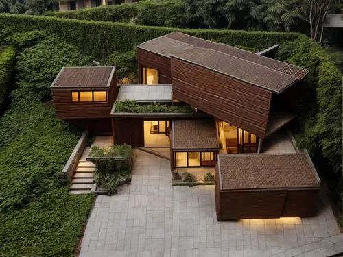 (at night:1.3),cube house,dunes house,timber house,corten steel,cubic house,wooden house,grass roof,cube stilt houses,house shape,residential house,asian architecture,eco hotel,turf roof,house in moun