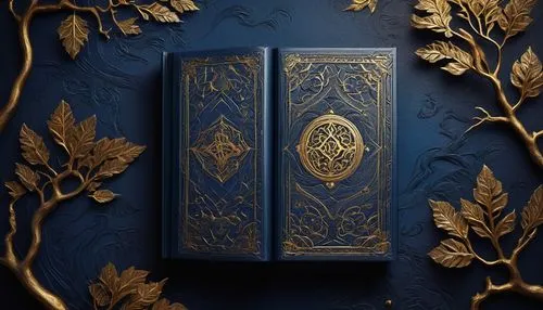 Book cover, fantasy novel, mysterious atmosphere, old leather-bound book, golden font title, intricate border design, mystical symbols, ornate decorations, 3D embossing effect, dark blue background, s