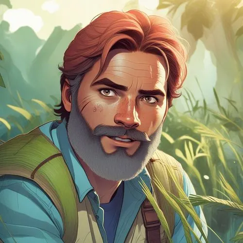 a man with red hair and beard, wearing an apron,farmer in the woods,offerman,farmboy,bigby,farmer,paleobotanist