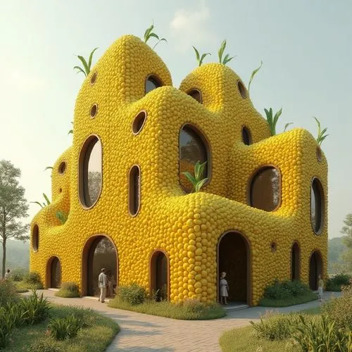 Generate an image of a building inspired by **sweet corn architecture**, featuring golden yellow, textured facades resembling corn kernels. The structure integrates organic, curved forms with husk-lik