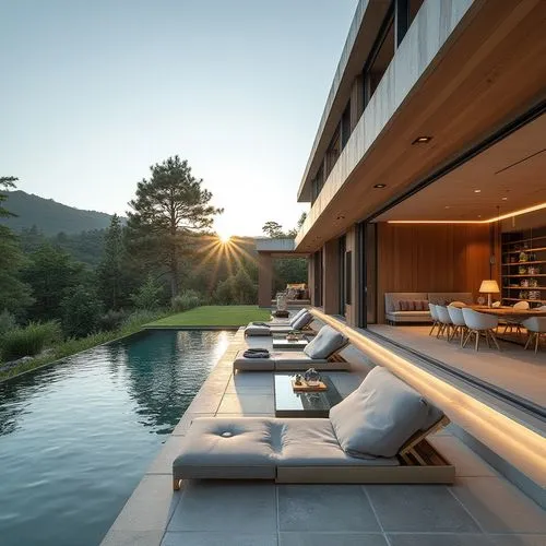 Create an open-plan villa with custom-designed furniture, high-end finishes, and an indoor-outdoor living experience,a deck next to a swimming pool and a covered patio,snohetta,amanresorts,dunes house