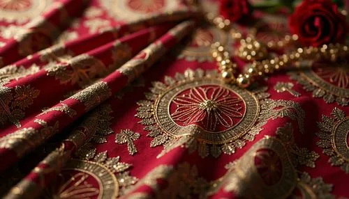 Rich velvet fabrics, intricate embroidery, gold metallic threads, ornate patterns, luxurious silk textures, jewel-toned colors, regal reds, opulent oranges, lavish lavenders, grandiose greens, majesti